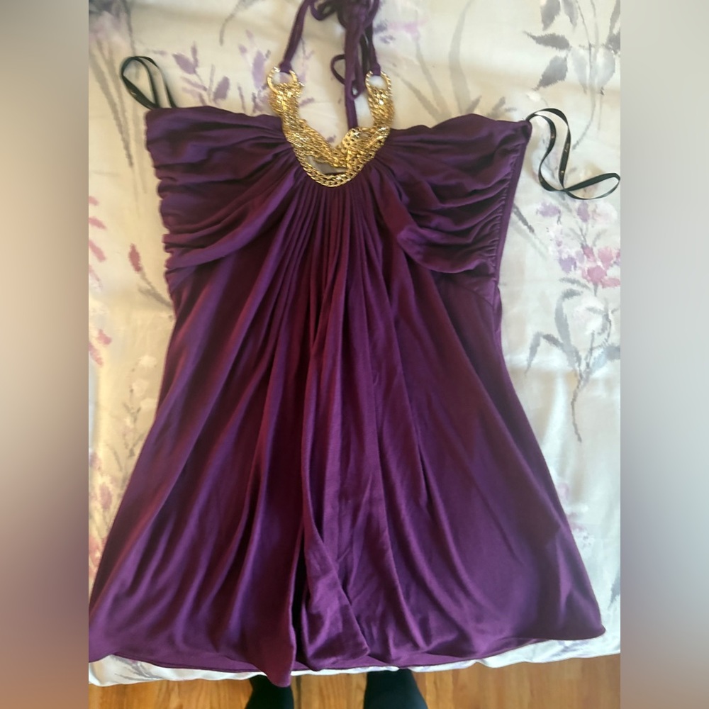 NWT Sky Halter Top | Purple Draped with Gold Chain Detail Size L